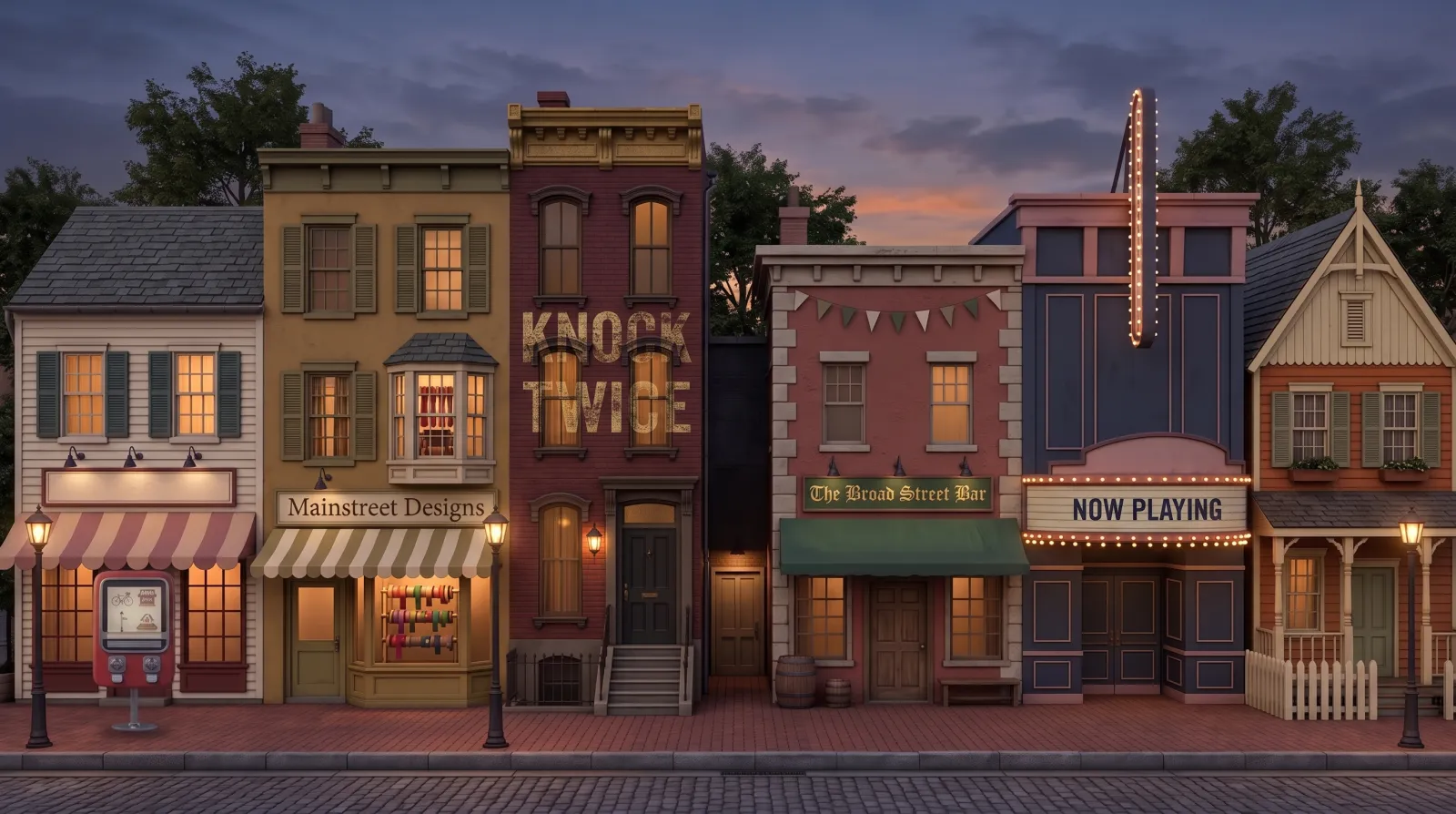 Six miniature storefronts on Main Street with local daylight and weather when enabled